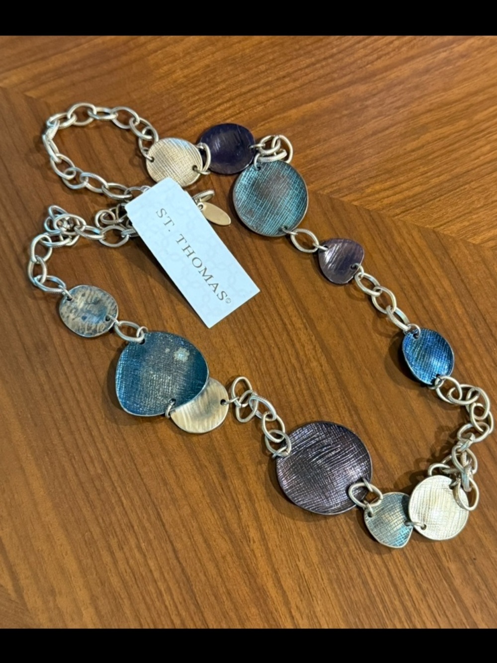 St. Thomas Multicolor Disc Link Necklace - Silver Tone Blue & Purple NWT